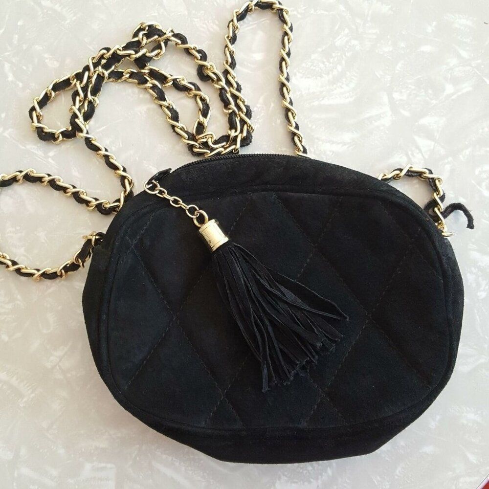 Vintage Womens Pocketbook Black Evening Shoulder Bag Suede Quilted Tassel Gold